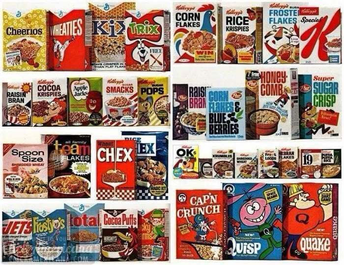 A colorful collection of vintage cereal boxes shown in an old photo of America