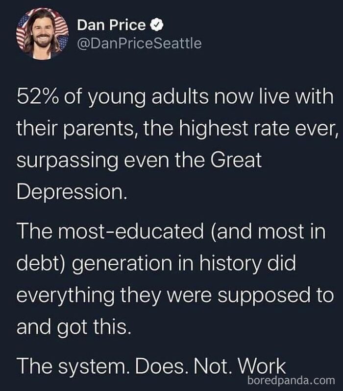Tweet screenshot about economic crisis and debt, fitting the theme of dark dystopian memes.