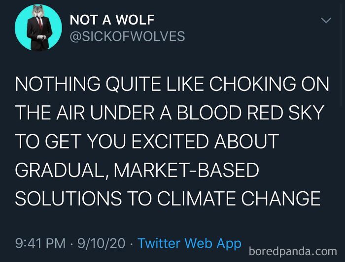 Dark dystopian memes featured in a tweet about choking on air under red skies while waiting for climate change solutions.
