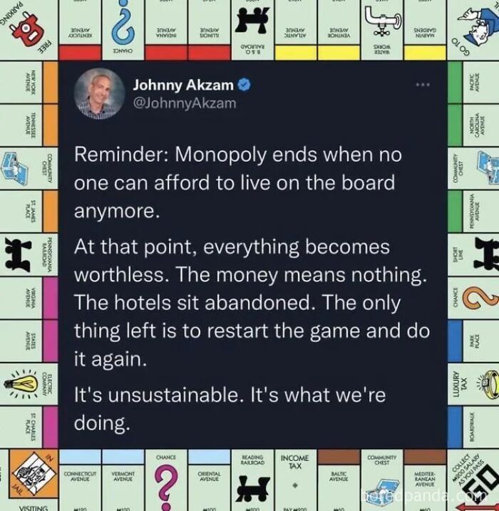 A social media post framed by a Monopoly board, representing dark dystopian memes about economic sustainability.