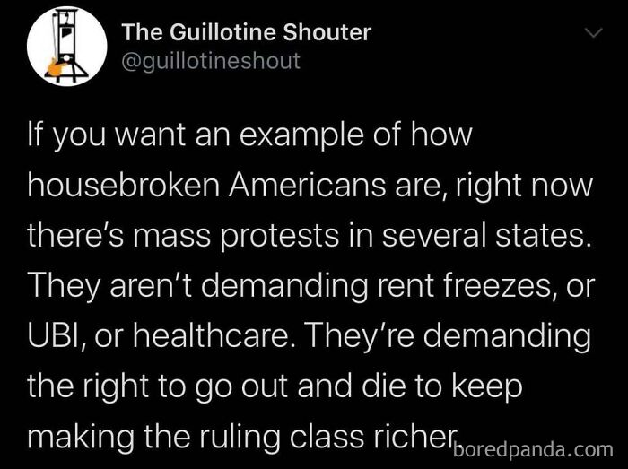 A social media tweet illustrating dark dystopian memes about societal protests and economic class dynamics.
