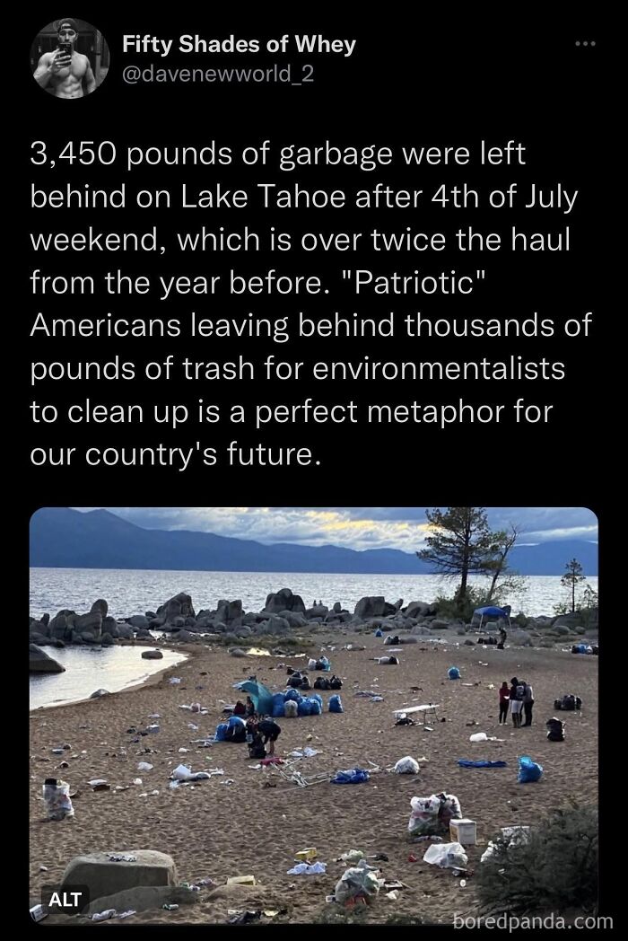 A littered beach scene with trash bags in dark dystopian memes post about 3450 pounds of garbage left at Lake Tahoe.