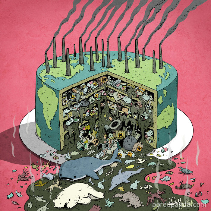 Illustration of Earth as a pollution filled cake with smokestacks, dark dystopian memes about environmental destruction.