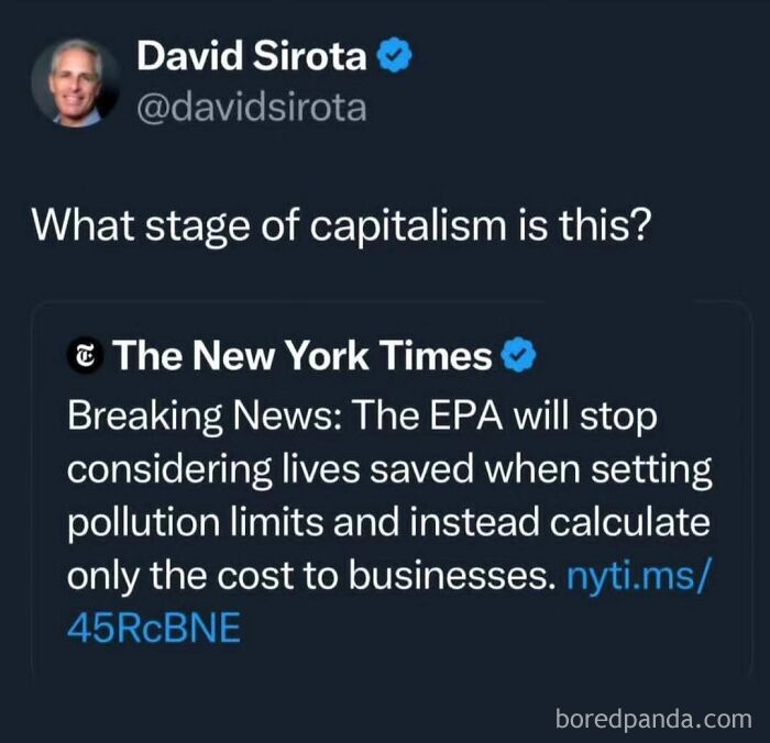 A dark dystopian memes tweet showing a news headline about the EPA prioritizing corporate costs over lives saved.