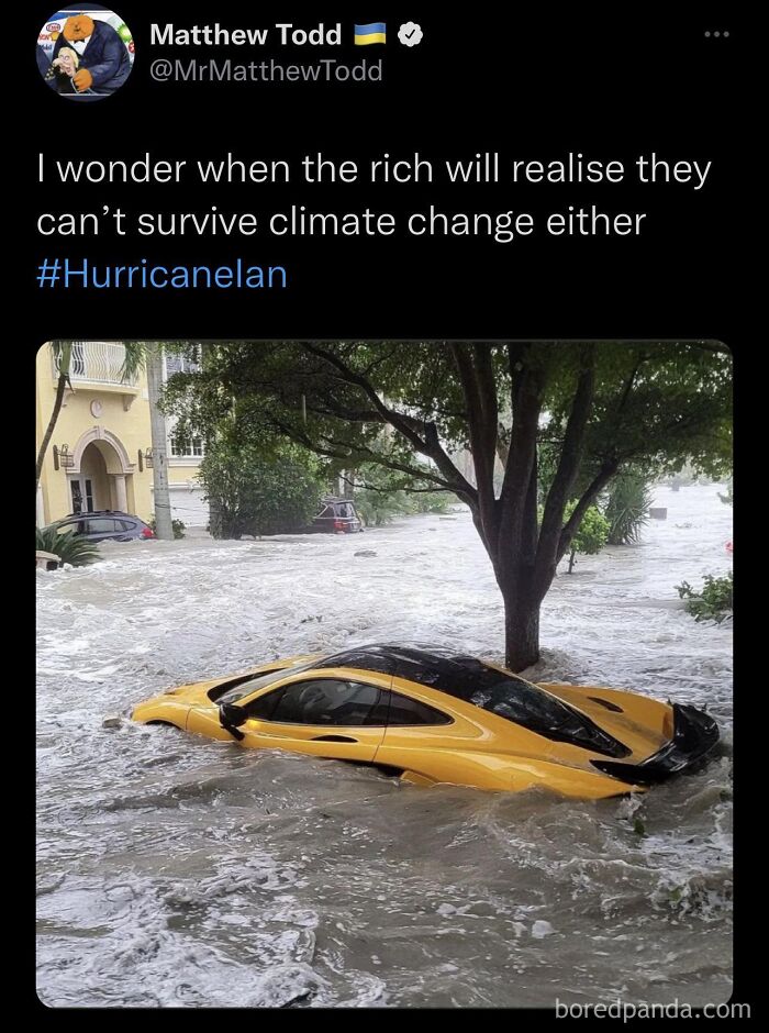 A dark dystopian memes post showing a yellow sports car submerged in floodwaters from Hurricane Ian.