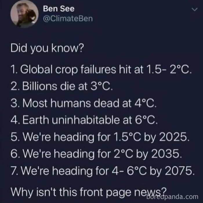 Social media post about global temperature increases illustrating dark dystopian memes about climate collapse.
