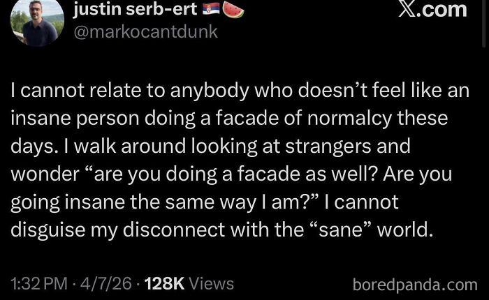 A dark social media post reflecting mental disconnect and societal pressure, part of dark dystopian memes.