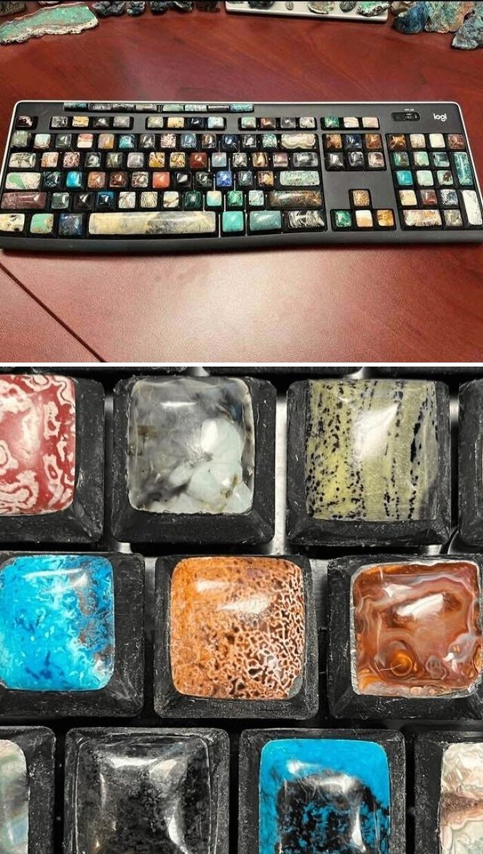 A computer keyboard featuring keycaps made of colorful minerals, showcase of well-made creations.