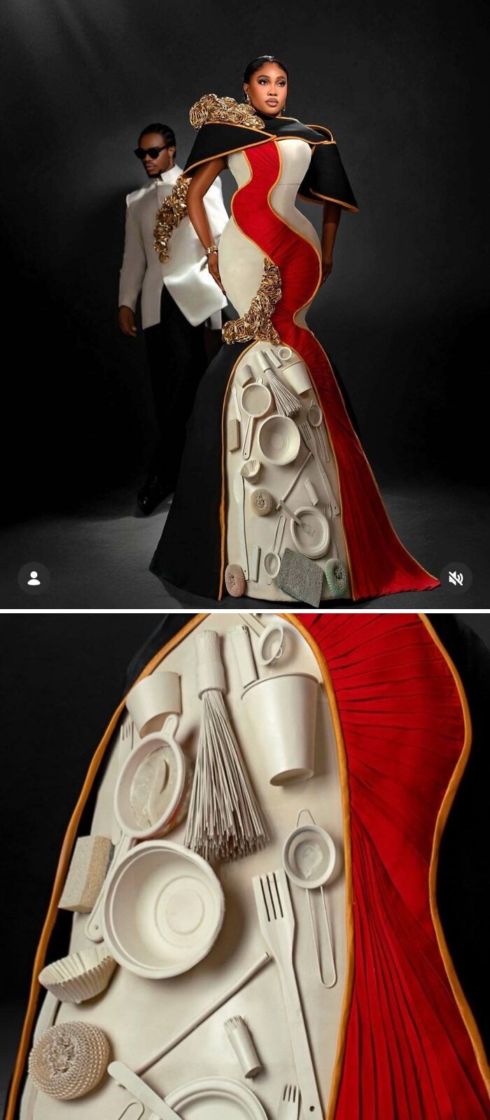 An elaborate gown adorned with kitchen utensils and cookware, exemplifying awful creations made with high detail.