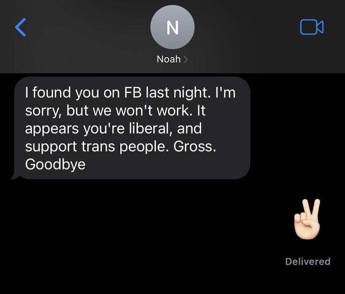 Frustrating Tinder stories screenshot showing a match ending over political differences.