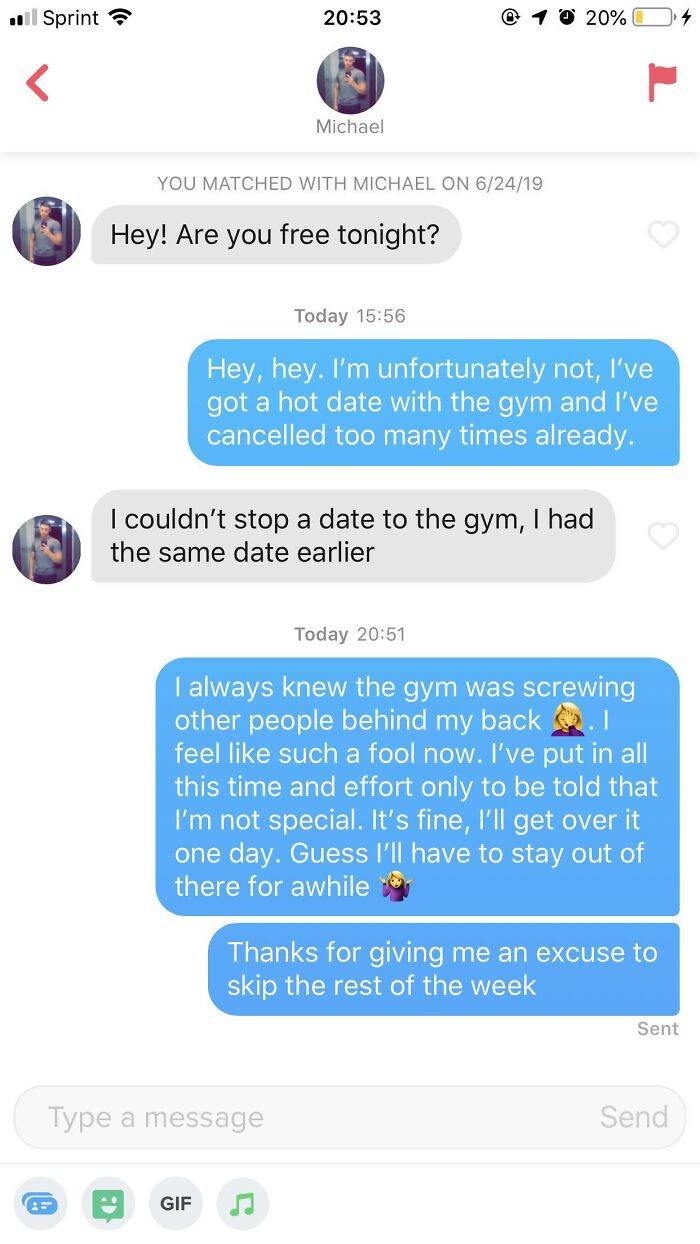 Screenshot of funny Tinder stories showing a lighthearted exchange about dating the gym.