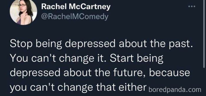 Dark dystopian memes shown in a tweet advising people to be depressed about the unchangeable future.