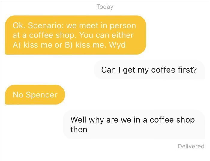 Funny text message exchange representing modern dating on Tinder
