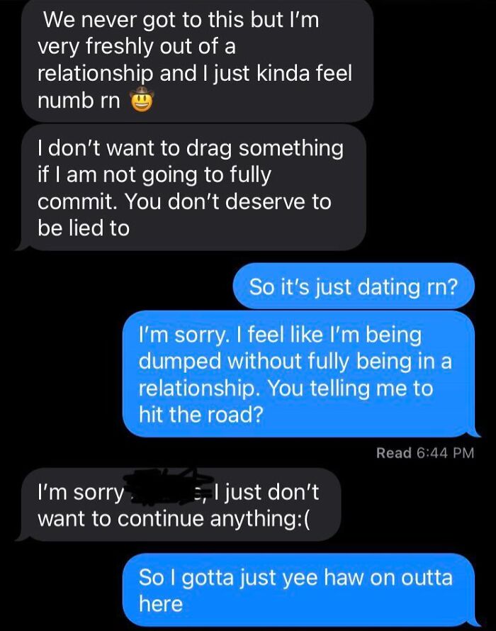 Modern dating text message exchange showing a person breaking things off before a relationship starts