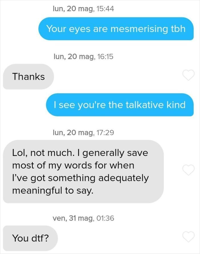 Screenshot of text exchange illustrating amusing Tinder stories from modern dating.