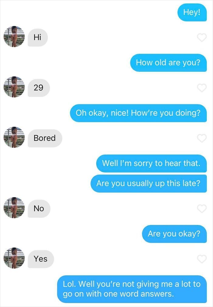 A screenshot showing a dry Tinder conversation with one-word responses illustrating modern dating.