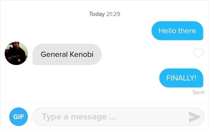 Chat screenshot showing funny Star Wars references in modern dating Tinder stories.