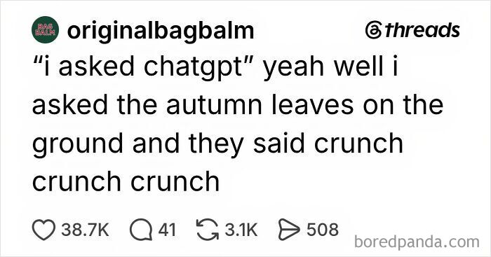Humorous text post during spooky season about stepping on crunchy autumn leaves.