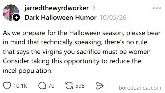 Dark Halloween posts joke about sacrifices during the spooky season.