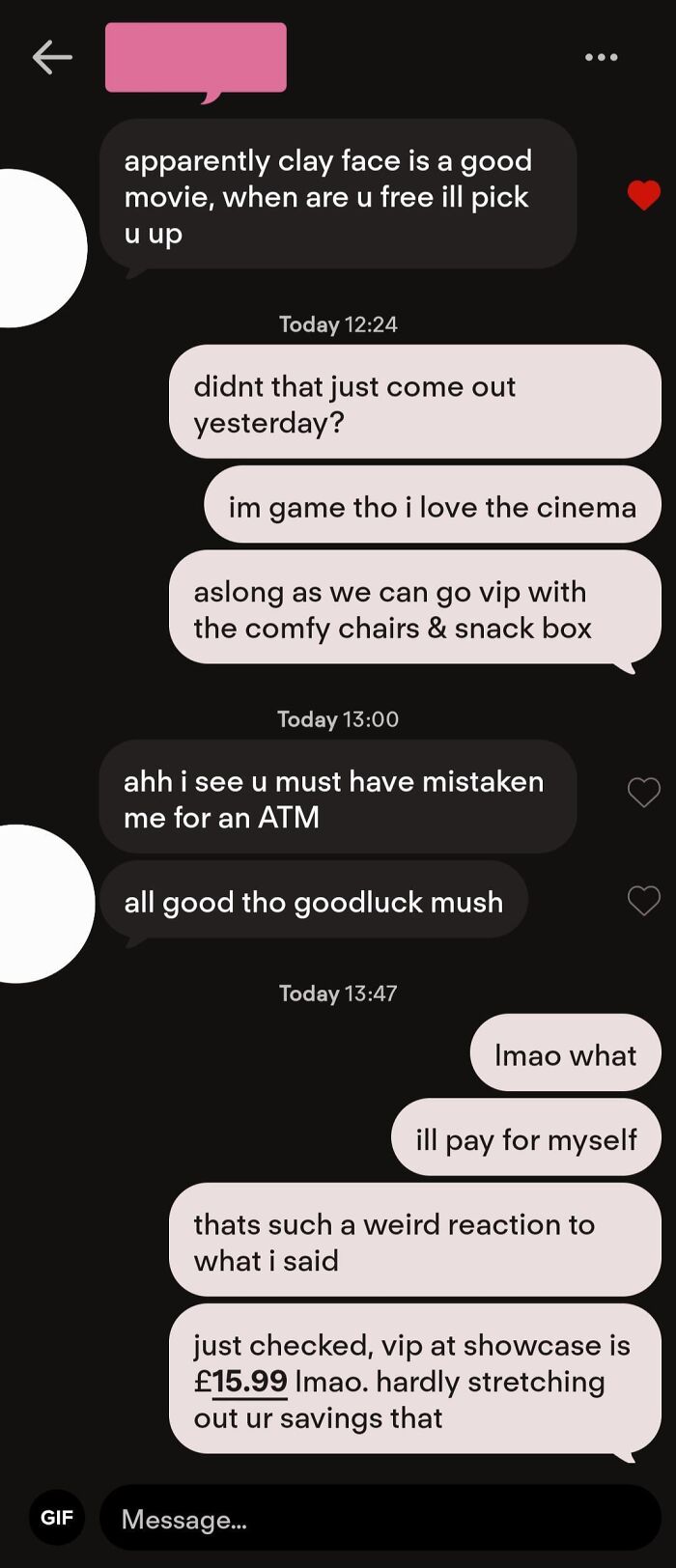 Text conversation about movie plans representing amusing Tinder stories and modern dating misunderstandings.