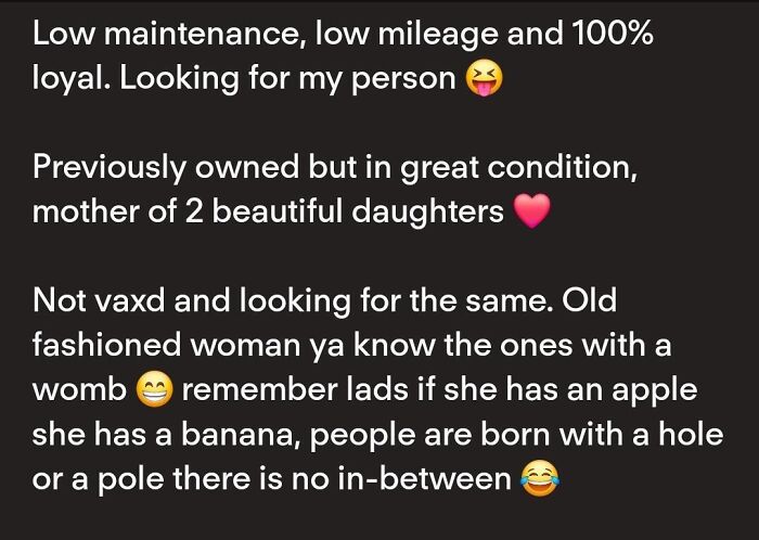 Profile description example from Tinder stories featuring problematic and bizarre modern dating preferences