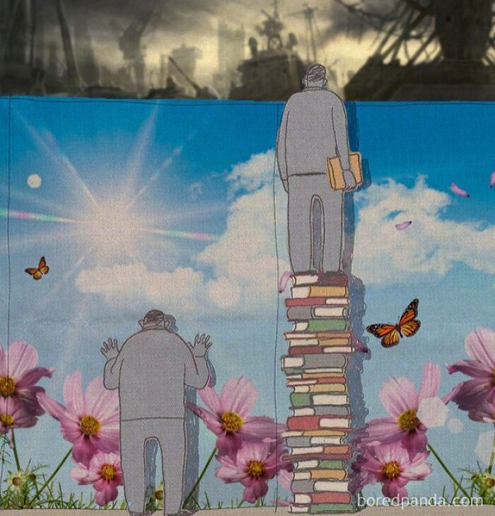 Illustrative art of a man standing on books to peek over a fake sunny sky wall into dark dystopian memes reality.