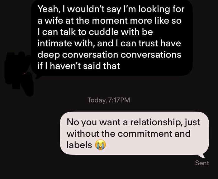 Screenshot of text messages illustrating frustrating Tinder stories about modern dating and relationship commitment