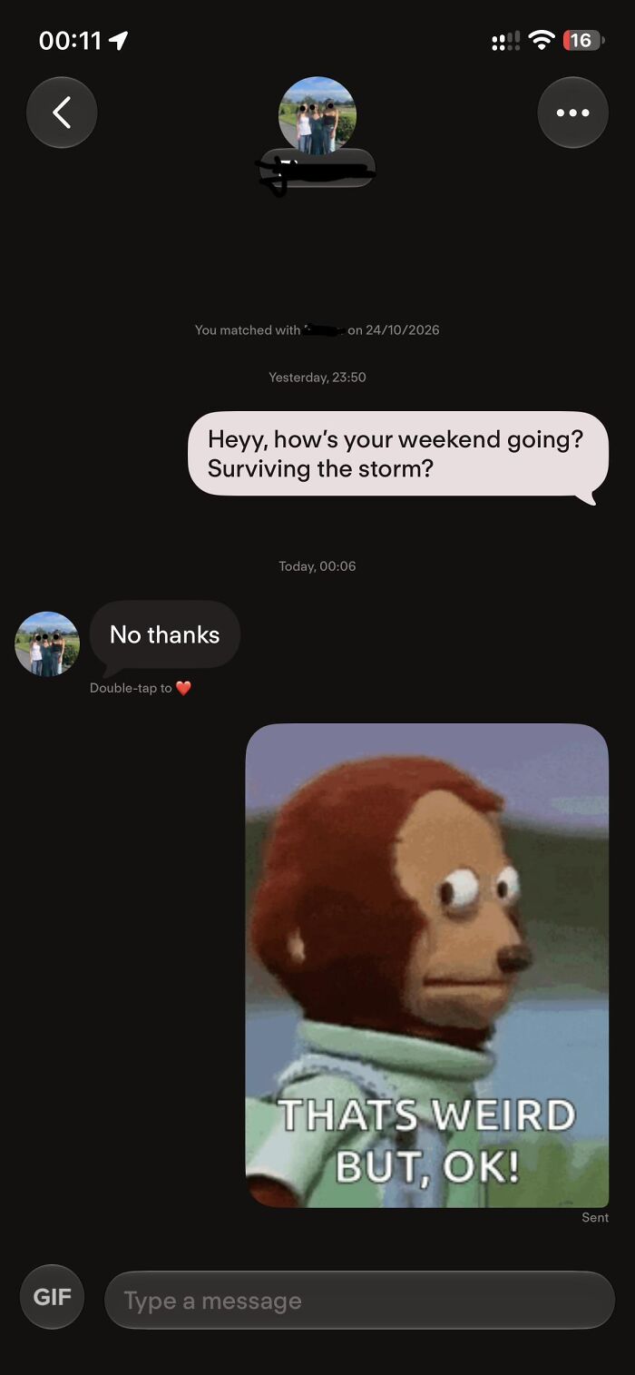 Chat screenshot showing a blunt rejection response, an example of funny Tinder stories in modern dating.