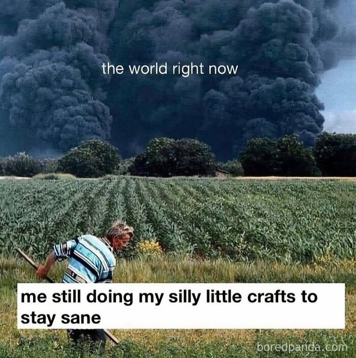 Dark dystopian memes showing a farmer tending crops while dark smoke clouds gather in the background.