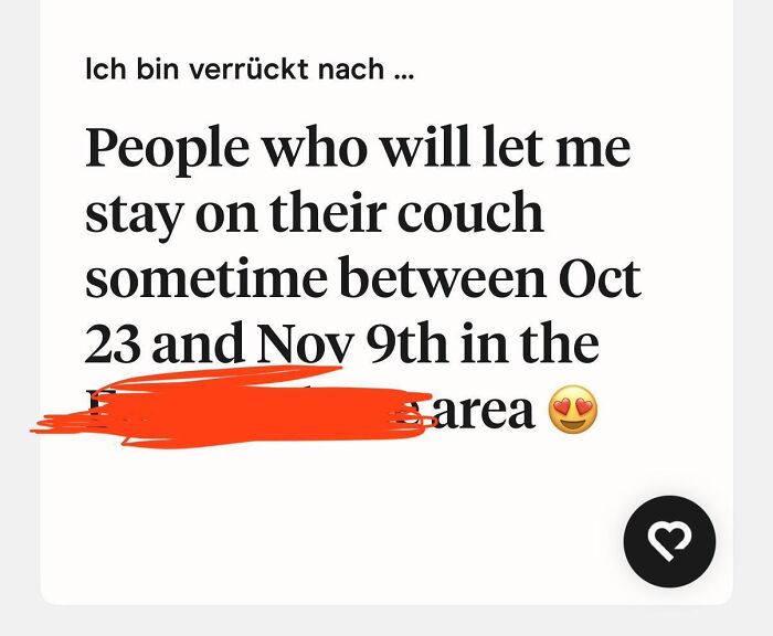 Screenshot of a dating profile prompt asking for a free couch to stay on, showing frustrating Tinder stories.