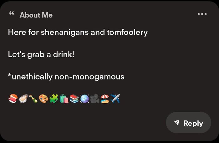 Dating app profile bio displaying unethically non-monogamous, showing funny Tinder stories.