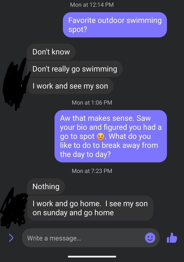Screenshot of a dry message exchange illustrating frustrating Tinder stories from modern dating.