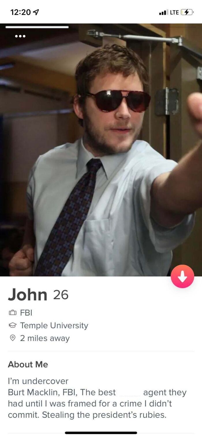A screenshot of a funny Tinder profile featuring a man wearing sunglasses posing as an undercover FBI agent.