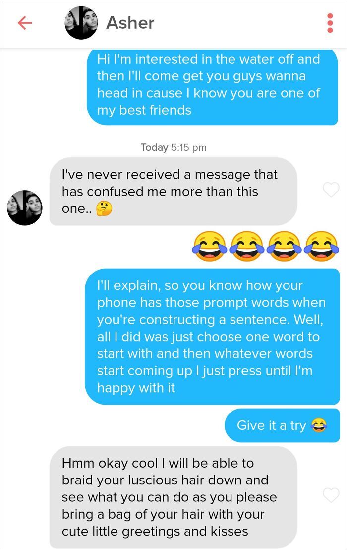 Chat screenshot illustrating funny predictive text experiments from amusing Tinder stories.