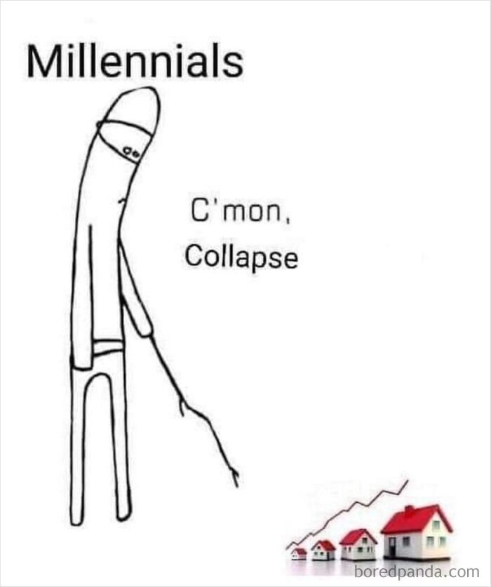 A stick figure poking a housing market chart with a stick, one of many dark dystopian memes about housing prices.