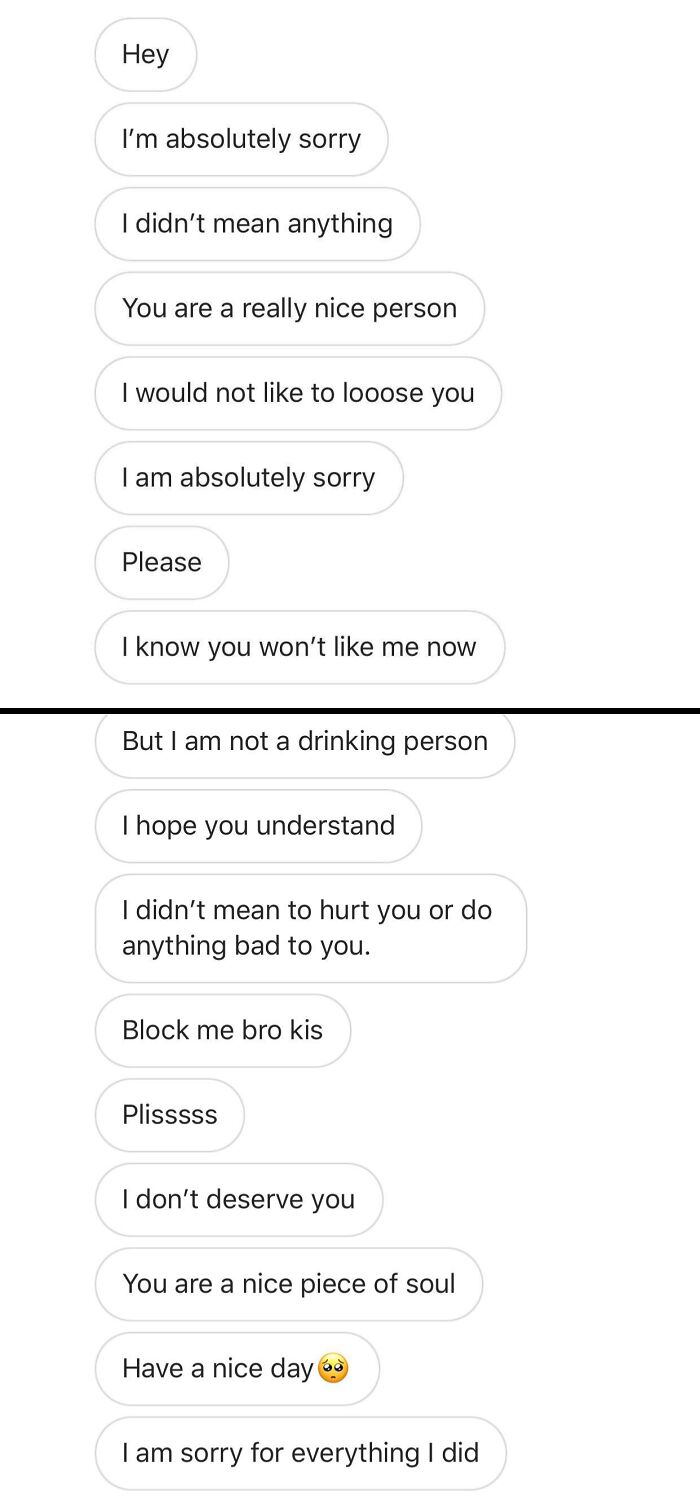 Screenshot showing an overly apologetic text conversation highlighting frustrating Tinder stories in modern dating.