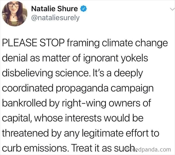 Social media post discussing climate change propaganda as dark dystopian memes.