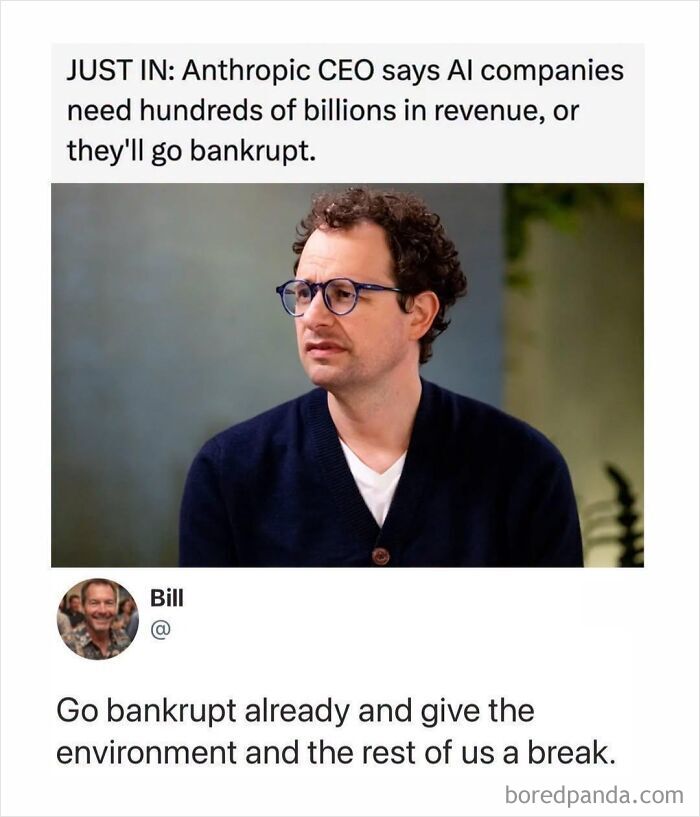 A news headline and reply criticizing AI companies needing billions, featured in dark dystopian memes.