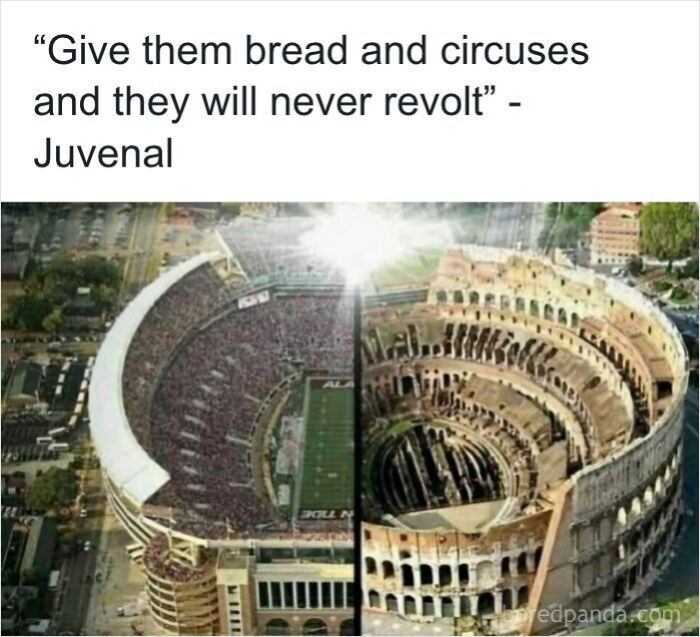 A split image comparing a modern stadium and the Roman Colosseum, illustrating dark dystopian memes on bread and circuses.