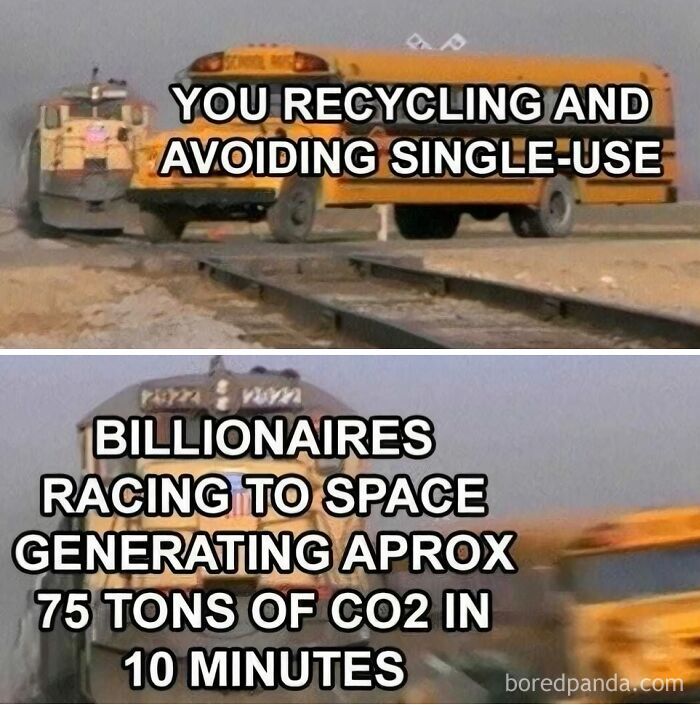 A dark dystopian memes image showing a train hitting a school bus to contrast recycling with billionaire pollution.