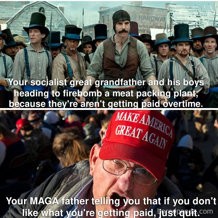 Split image comparing historic labor struggles with modern political commentary in dark dystopian memes.