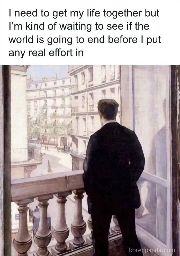 A man looking out a balcony window in a classical painting format, representing dark dystopian memes about modern anxiety.