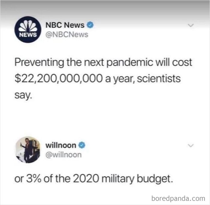 A screenshot of tweets highlighting pandemic funding versus military budget, exemplifying dark dystopian memes.