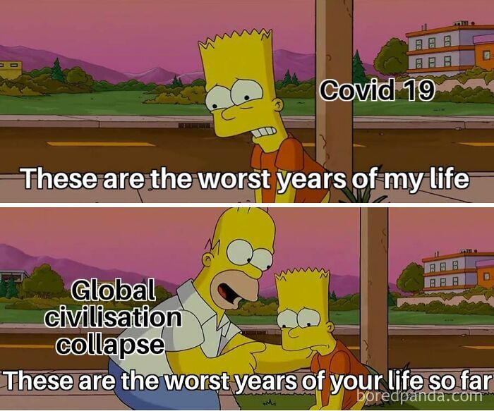 Simpsons meme about Covid 19 and global civilisation collapse representing dark dystopian memes.
