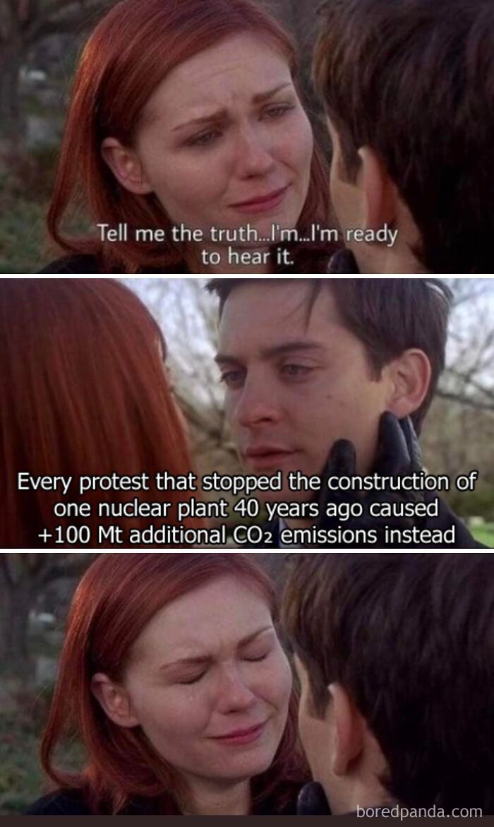 A Spider-Man movie scene meme illustrating dark dystopian memes on nuclear energy and carbon emissions.