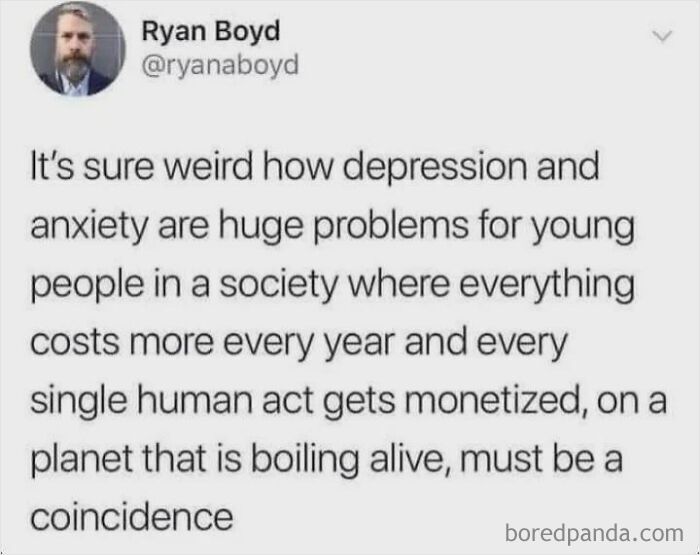 A tweet about depression and rising living costs, illustrating dark dystopian memes about modern society.