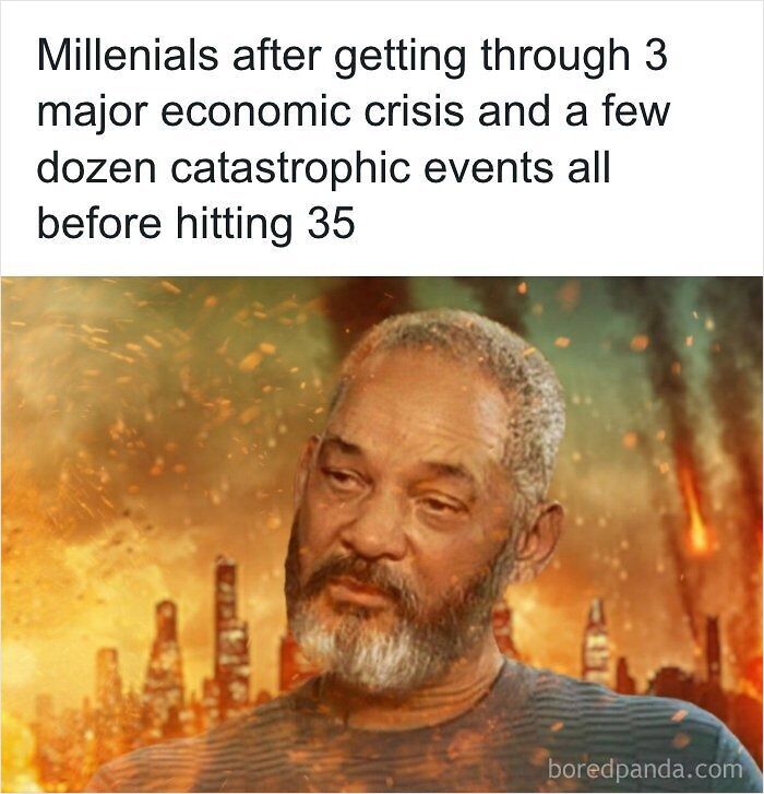 A dark dystopian memes post featuring a tired Will Smith standing in front of an apocalyptic burning city background.