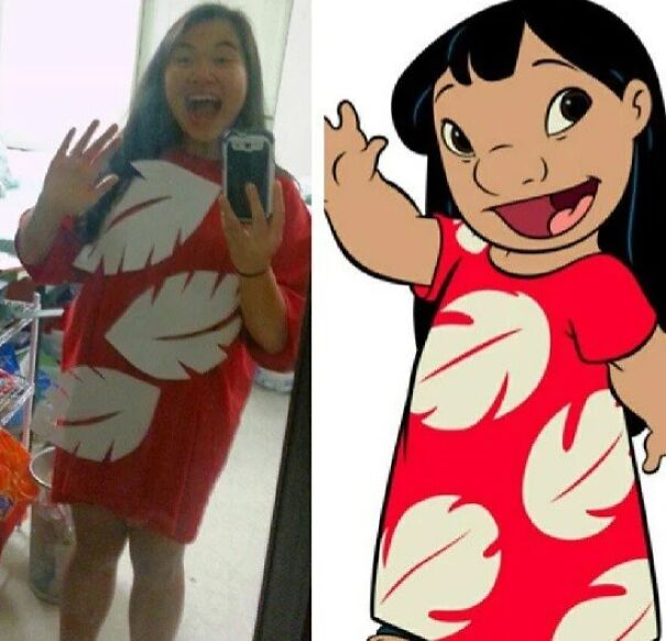 Woman in a DIY Lilo dress side by side with the character for easy Halloween costume ideas.