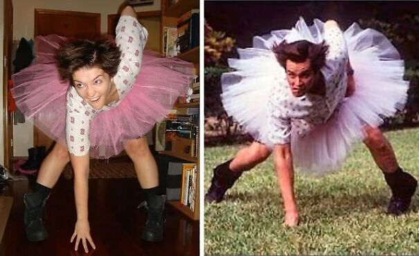 Side-by-side comparison of woman and Ace Ventura in pink tutu for funny Halloween costume ideas