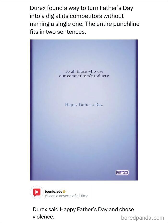 A minimal Durex print ad wishing Happy Father's Day to competitor users, showcasing iconic ads with humor.